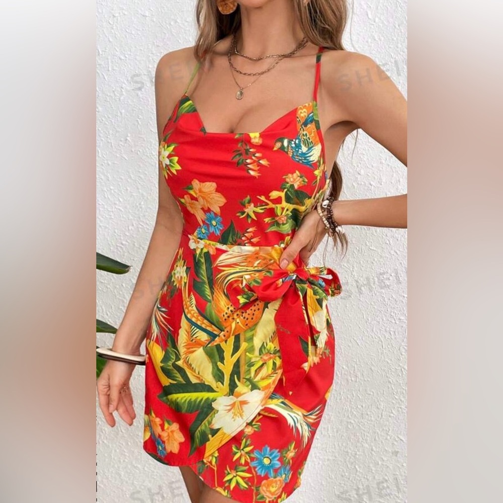 SHEIN Floral & Plant Printed Wrap Front Tie Strap Sundress